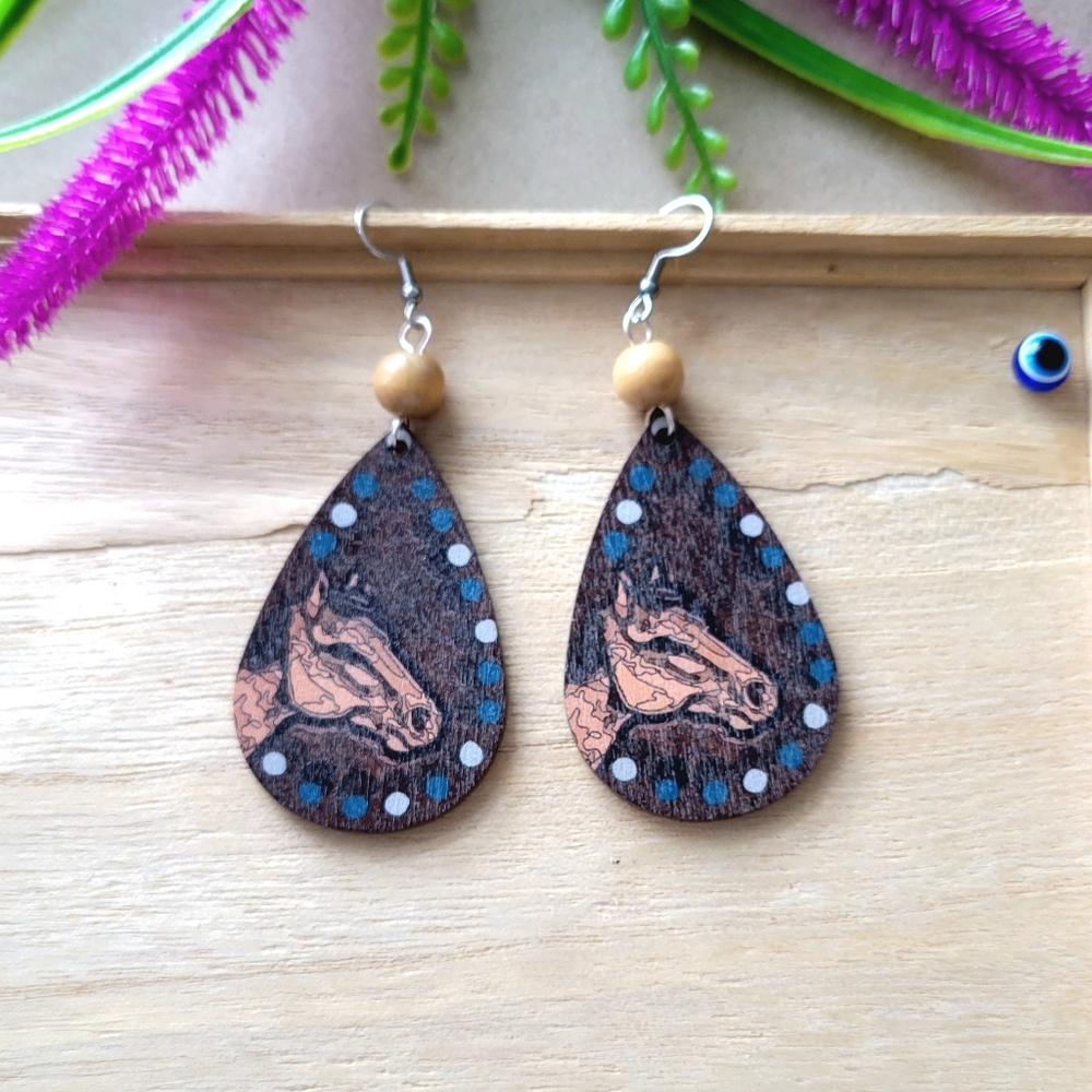 Stamped Horse Southwestern Wood Earrings